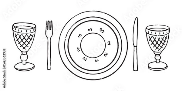 Fototapeta Vector hand drawn trendy summer wedding dinner plates and glasses outline illustration. Elegant flat minimalist hand drawn modern art for wedding invitations, menu, graphics and design
