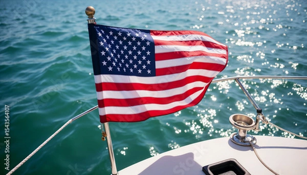 Fototapeta American Flag on Boat with Reflections on Water for Travel Blogs, Nautical Websites, Cultural Articles, Independence Day Content, and Boating Awareness  