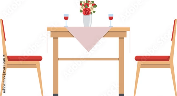 Fototapeta Romantic Table Setting: A charming illustration of a table set for two, adorned with a vase of red roses and two glasses of wine, set against the backdrop of cozy wooden chairs.
