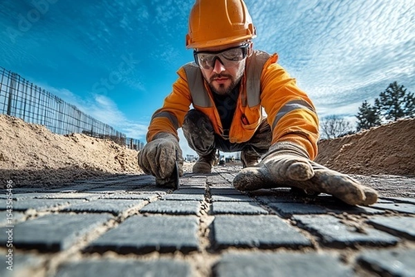 Fototapeta Construction worker smoothing paving slabs focused