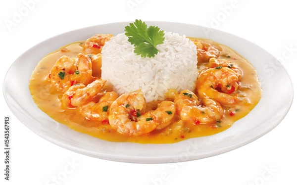 Fototapeta prato com deliciosa moqueca de camarão acompanhada de arroz branco isolado em fundo transparente