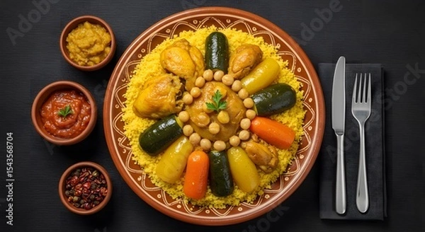 Obraz Top view of couscous royale with lamb, chicken, and vegetables, served in a large traditional ceramic plate, arranged using rule of thirds 2