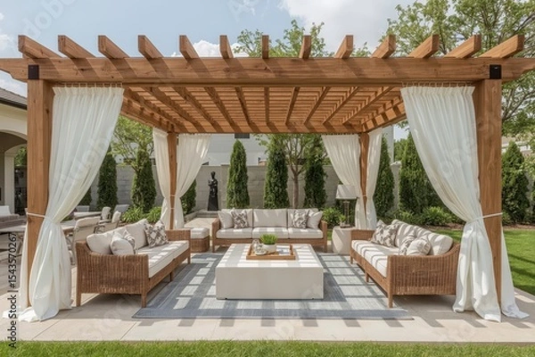 Fototapeta A stylish outdoor patio with comfortable furniture and white curtains under blue sky.

