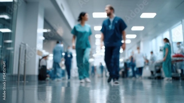 Fototapeta Busy hospital interior with healthcare professionals walking through corridor, showcasing dynamic environment filled with activity and care. blurred background emphasizes focus on staff