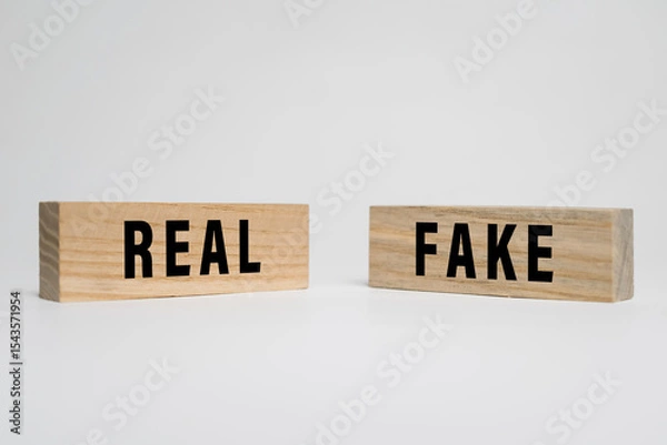 Fototapeta real and fake words text on wooden blocks isolated on white background
