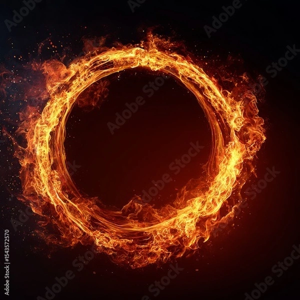 Fototapeta A fiery circle, a symbol of energy, passion, and transformation, burns brightly. A mesmerizing display of flames against a dark background