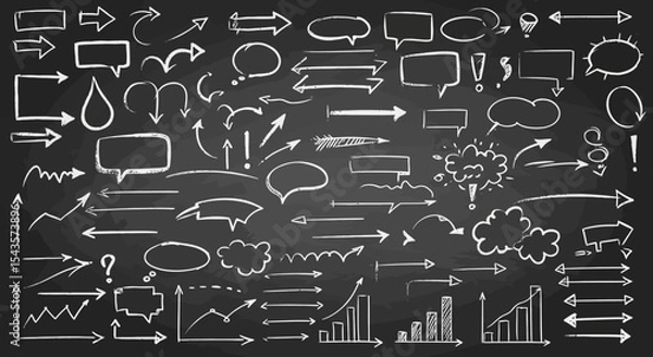Fototapeta Chalkboard Sketch Elements and Graphics for Business Presentations Diagrams and Hand Drawn Design Ideas Blackboard Background with White Chalk Symbols
