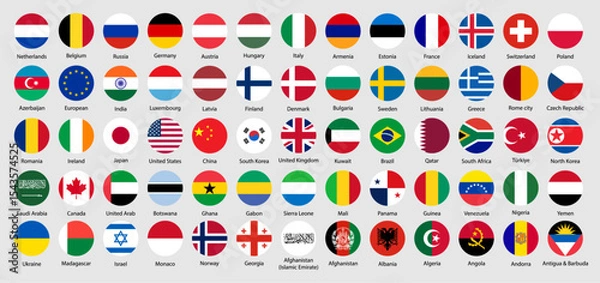 Obraz Collection of world national flags with country names. World country flags set. Round national flags of different countries including USA, India, Japan, UK, China, and more. Vector illustration.