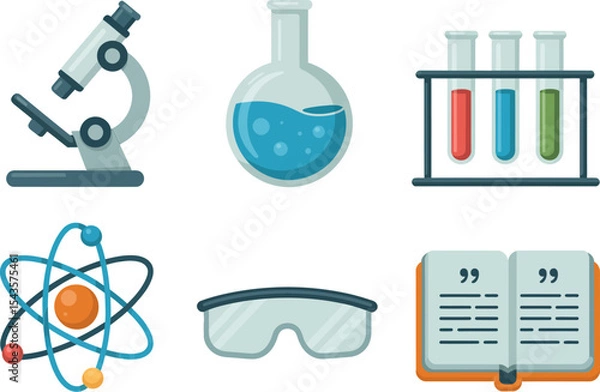 Fototapeta Science lab illustration with microscope flask test tubes goggles atom and open book for classroom theme  
