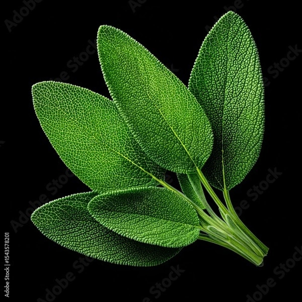 Fototapeta Fresh, vibrant sage leaves, a popular herb, against a dark backdrop. The intricate texture and vivid green color of the leaves are highlighted