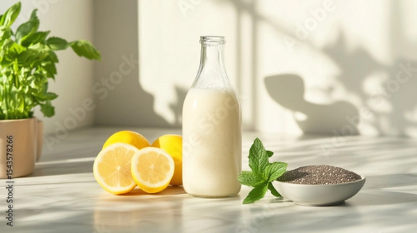 Fototapeta Refreshing Bottle of Kefir with Chia Seeds, Lemons, and Fresh Mint on a Sunlit Marble Countertop, Highlighting Natural Probiotics and Healthy Lifestyle Choices. Image made using Generative AI
