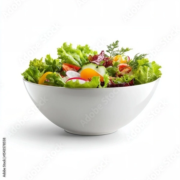 Fototapeta A fresh and vibrant salad in a white bowl, showcasing a mix of healthy ingredients. This image evokes a sense of freshness and well-being, perfect for culinary or wellness-related projects.