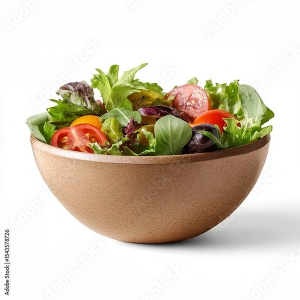Fototapeta A vibrant and delicious fresh salad served in a wooden bowl, filled with mixed greens, tomatoes, and other fresh vegetables. A healthy meal option