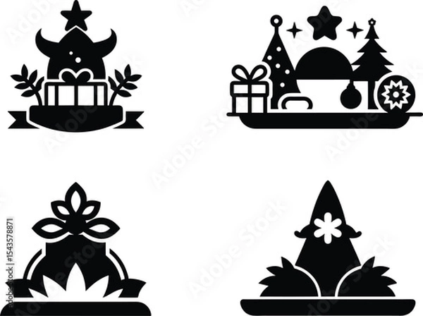 Fototapeta Holiday Icon, Solid Black Line Art Vector Set, Minimal Festive Silhouette Illustration Pack.