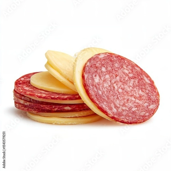 Fototapeta Stack of salami and cheese slices, ready to eat. Perfect for a snack or appetizer.