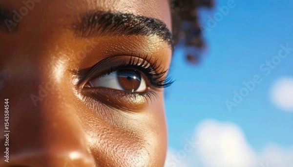 Fototapeta Hopeful Gaze: Close-up of a young woman's eye, looking towards a bright sky, conveying optimism and aspiration.