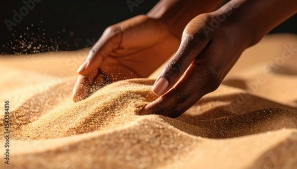Fototapeta Ephemeral Embrace: Human hands tenderly cradle and sift grains of sand, capturing the tactile texture and delicate beauty of nature's elements, evoking a sense of calm and transience.