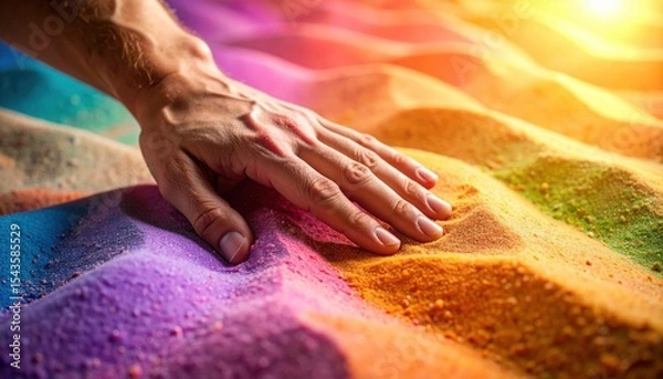 Fototapeta Rainbow Sand: A hand gently touches vibrant, rainbow-colored sand, creating a mesmerizing texture and a sense of calm.