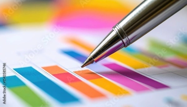 Fototapeta Pen on Data: A pen points towards an evolving and vivid infographic, signifying the deep dive into financial data. The pen directs attention to the multicolored chart.