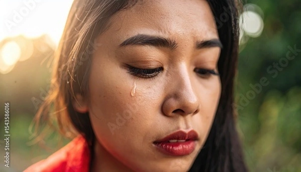 Fototapeta Tears of Solitude: A close-up portrait of a woman's face, her eyes reflecting an unspoken sorrow as a single tear rolls down her cheek, bathed in soft light. 