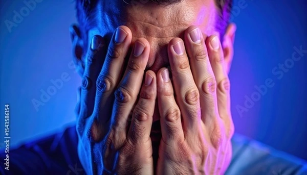 Fototapeta Emotional Seclusion: The image captures the profound feeling of distress as a person buries his face in his hands, emphasizing the raw and intense emotions of solitude and despair.