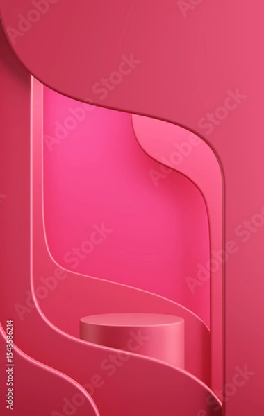 Fototapeta Red or Magenta modern luxury curved flowing shape and circle pedestal arch studio backdrop. Glossy, reflection product display stand. Platform podium ad fashion cosmetics skincare. 3D Illustration.