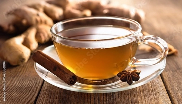 Fototapeta warm ginger tea with cinnamon in soft sunlight