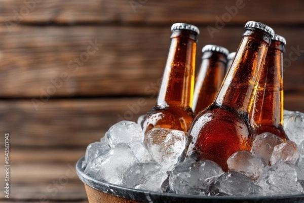 Fototapeta Chilled amber beer bottles in ice bucket on wooden background, ideal for summer promotions, party advertisements, bar menus, and beverage packaging visuals