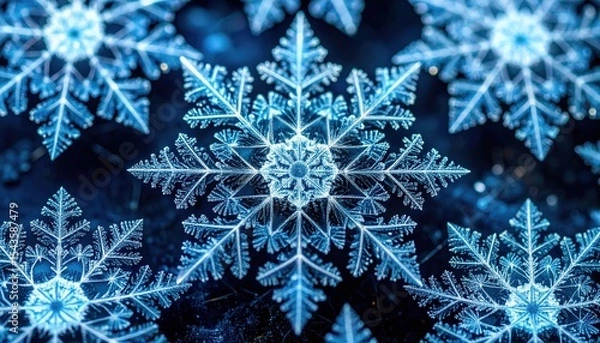 Fototapeta Snowflake Pattern: A close-up view of a breathtaking, icy snowflake pattern. These intricate formations exhibit stunning crystalline beauty, evoking the serenity of winter.