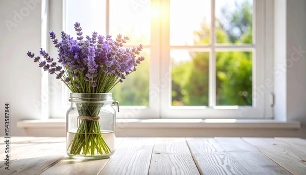 Fototapeta Lavender Bouquet by the Window: A vibrant lavender bouquet in a glass jar sits on a rustic wooden surface, with a sunlit window in the backdrop, creating an inviting and calming atmosphere.