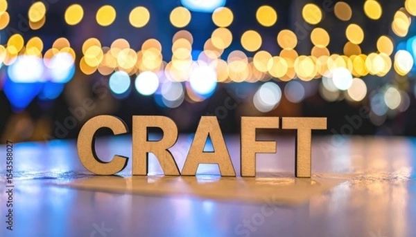 Fototapeta Crafts: Wooden letters spelling "Craft" on a reflective surface with a blurred background of warm lights, evoking creativity and handmade artistry.