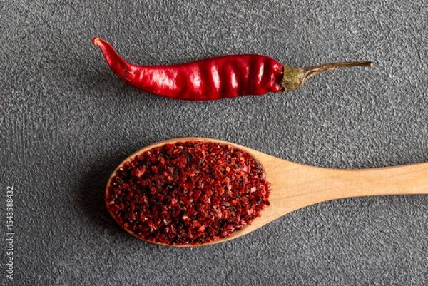 Fototapeta Red pepper flakes.Red chili peppers in wooden spoon on gray background.Dried chili peppers
