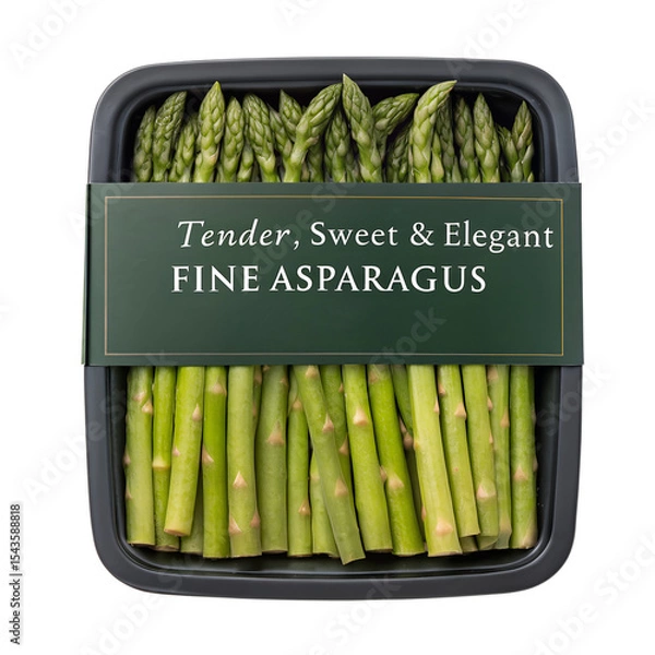 Fototapeta Fresh green asparagus in a black plastic container with a label. The asparagus is vibrant and neatly arranged, showcasing its quality and freshness.
