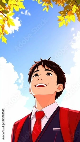 Fototapeta Daydream Under Autumn Sky: A young person gazes upward with a look of hope and wonder, framed by vibrant fall foliage and a brilliant, cloud-strewn sky, conveying a sense of youthful optimism.