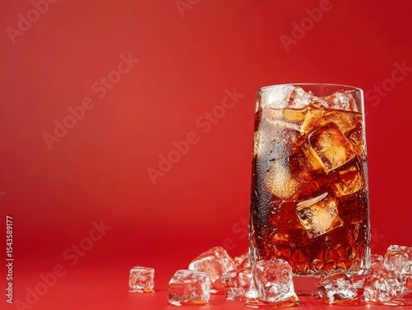 Fototapeta Iced cola in a glass on a red background