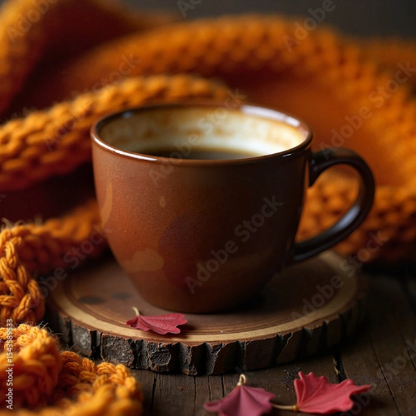 Obraz Coffee cup with knit throw on wooden tray, cozy autumn beverage art on warm rustic background