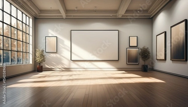Fototapeta minimalist art gallery space with empty frames and natural light streaming through large windows generative ai