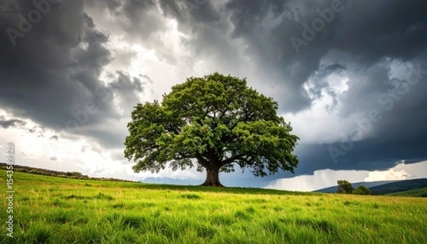 Fototapeta Lone Oak Tree Amidst Storm: A majestic oak tree stands alone in a vibrant green field under a dramatic sky filled with dark storm clouds, capturing the resilience and beauty of nature.