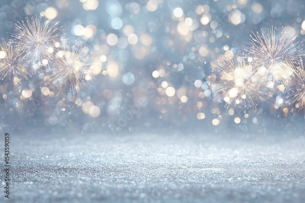 Fototapeta Shimmering winter wonderland background featuring festive golden bokeh lights and soft blue tones, creating a magical atmosphere for Christmas, New Year, or holiday celebrations.