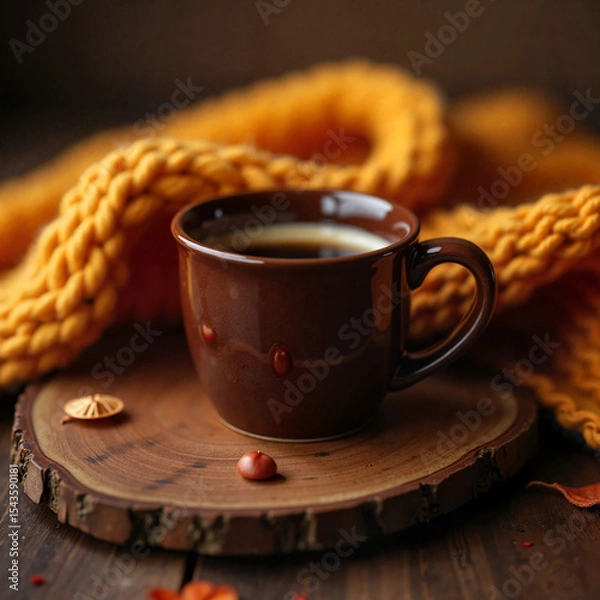 Obraz Coffee cup with knit throw on wooden tray, cozy autumn beverage art on warm rustic background