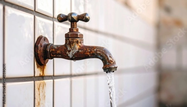 Fototapeta Rusty Faucet Dripping Water: A close-up shot of an old, rusty faucet mounted on a tiled wall with water dripping steadily from its spout.
