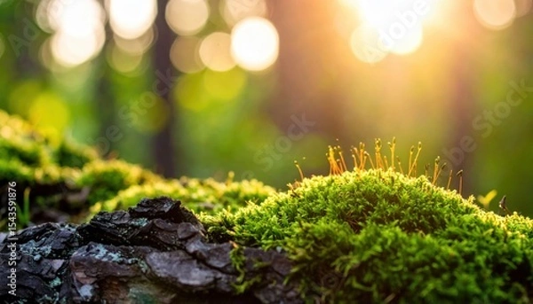 Fototapeta Nature's Embrace: A detailed shot of verdant moss thrives on weathered bark beneath the sun's warm light, which makes the image full of a sense of tranquility.