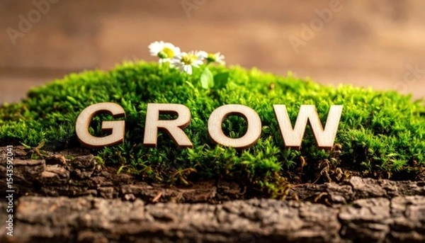 Fototapeta The Essence of Growth: Wooden letters spell out "GROW" nestled on a lush green mossy mound, symbolizing development and renewal. A single, delicate flower blooms, enhancing the theme.