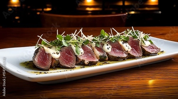 Obraz Culinary delight wagyu beef carpaccio presentation gourmet restaurant food photography elegant dining close-up gastronomy
