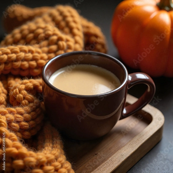 Obraz Coffee cup with knit throw on wooden tray, cozy autumn beverage art on warm rustic background