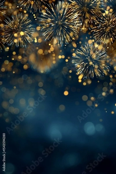 Fototapeta Golden sparkling fireworks on dark blue background, festive celebration, elegant bokeh lights, USA patriotic theme, holiday event, joyful display.

