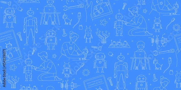 Fototapeta STEM Education Seamless Pattern with Kids and Robots Line Art Vector