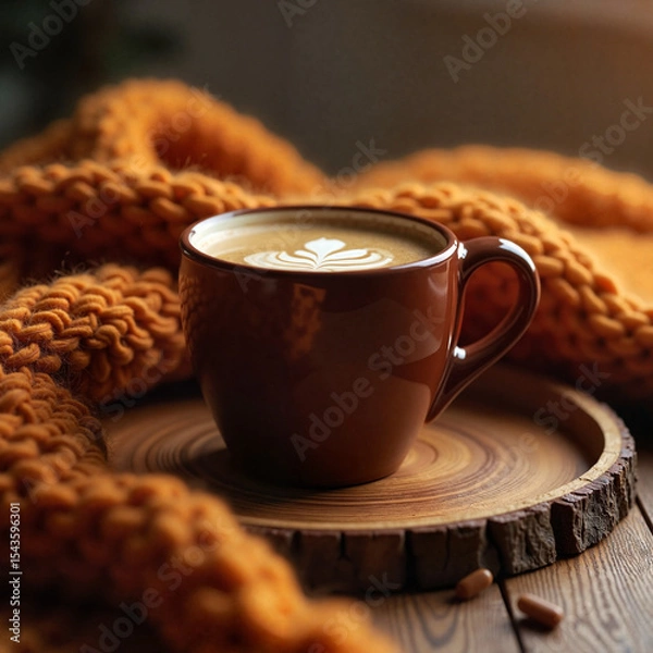 Obraz Coffee cup with knit throw on wooden tray, cozy autumn beverage art on warm rustic background