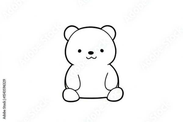 Fototapeta Cute sitting bear simple line drawing with bold black outlines, vector clip art style illustration on white background.