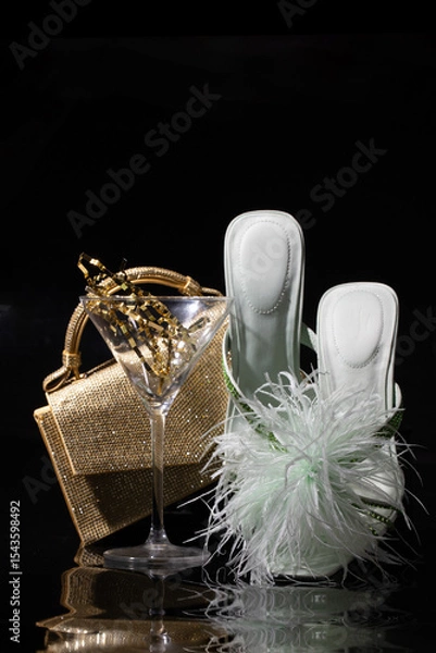 Fototapeta Fashion still life with feather-trimmed white heels, a shimmering gold purse, and a champagne glass-symbolizing upscale style, glamor, and modern elegance.